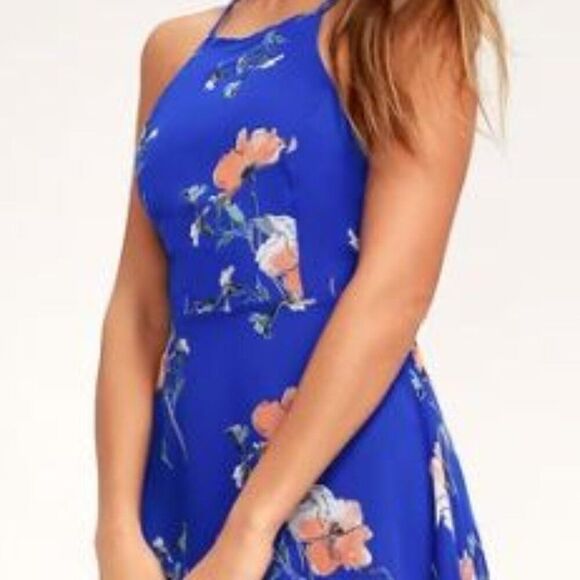 LULU'S X-Large Cherished Moment Royal Blue Floral Print Lace-Up Skater Dress - Picture 2 of 11